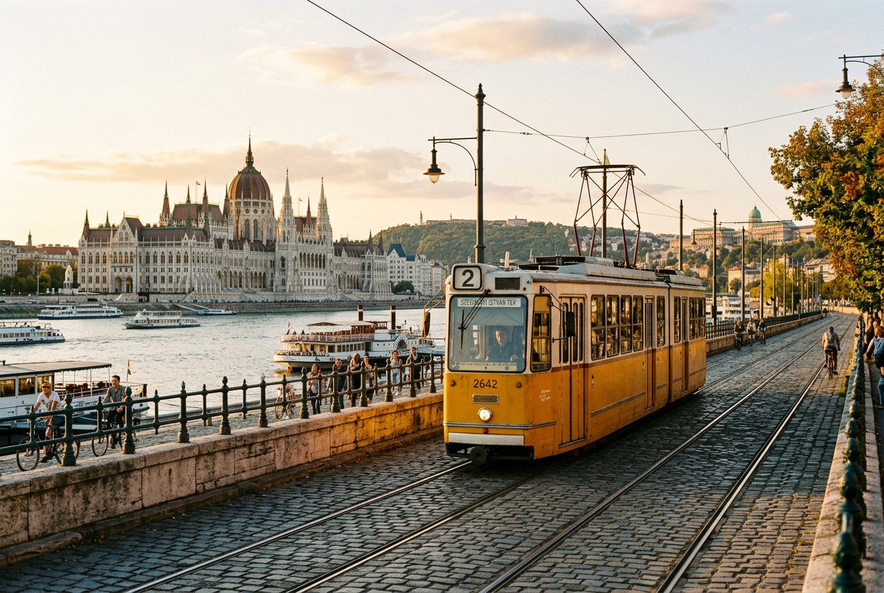 Le tram jaune ligne 2 longeant le Danube